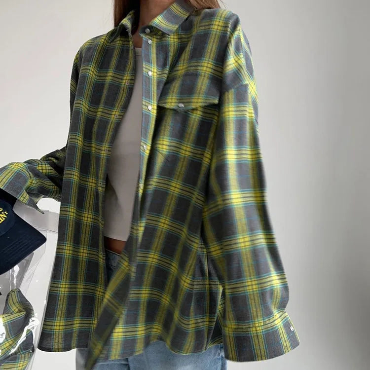Vintage Oversized Women Plaid Shirt