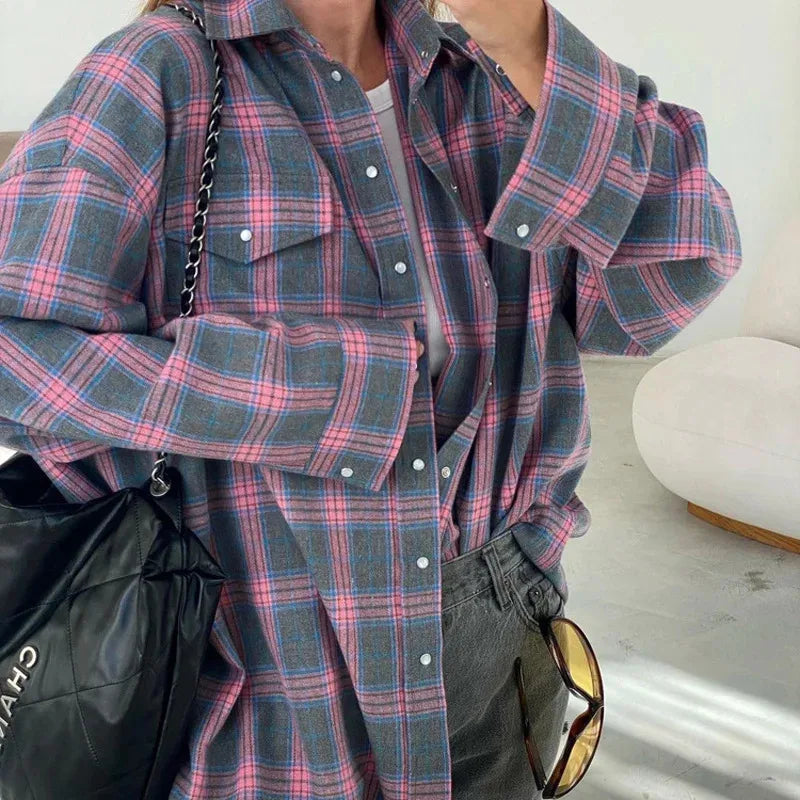 Vintage Oversized Women Plaid Shirt