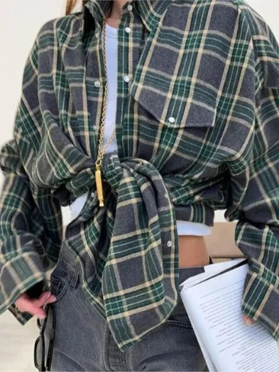 Vintage Oversized Women Plaid Shirt