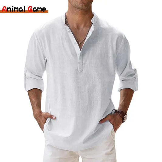 Men's Cotton Linen Casual Henley Shirt