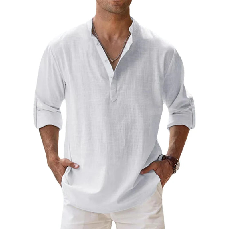 Men's Cotton Linen Casual Henley Shirt