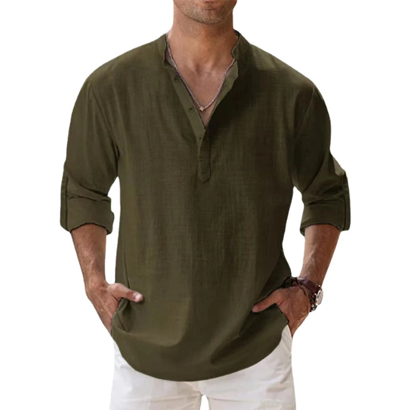 Men's Cotton Linen Casual Henley Shirt