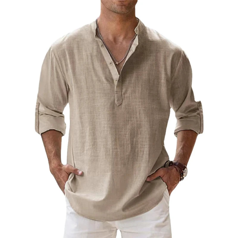 Men's Cotton Linen Casual Henley Shirt