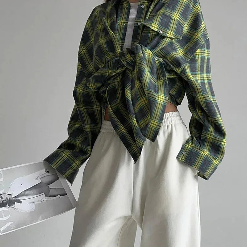 Vintage Oversized Women Plaid Shirt