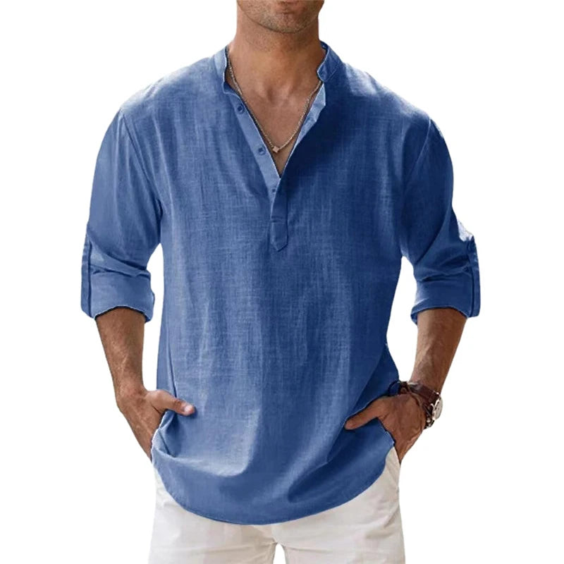 Men's Cotton Linen Casual Henley Shirt